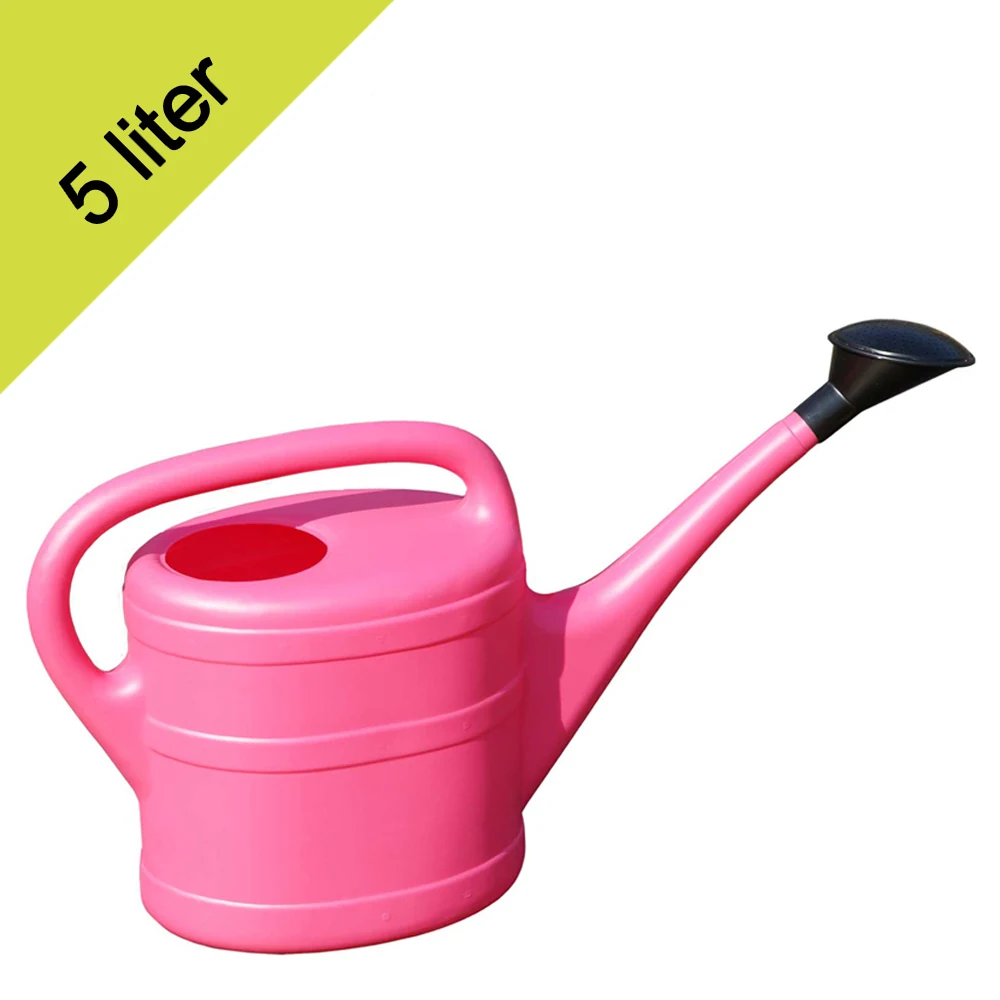 Roze Geli gieter van 5 liter met zwarte broeskop