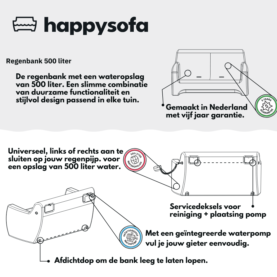 Regenbank lichtgrijs graniet 500 liter (regenton)