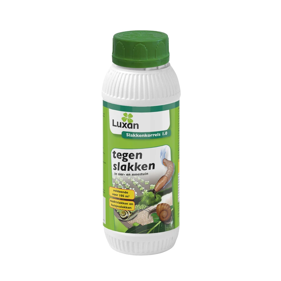 Witte strooibus Luxan Slakkenkorrels 1.0 van 400 gram met groene dop
