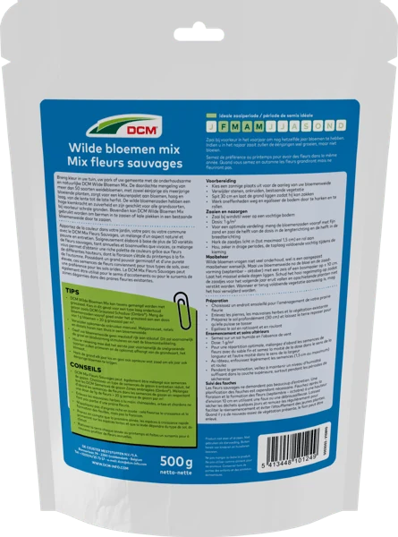 DCM Wilde Bloemen Mix 500 gr, achterzijde met de gebruiksaanwijzing