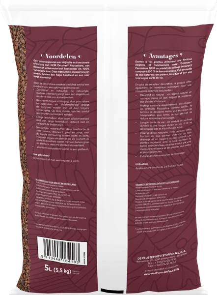 DCM Decover® Pouzzolane Lavakorrels 5 L, achterzijde met de gebruiksaanwijzing