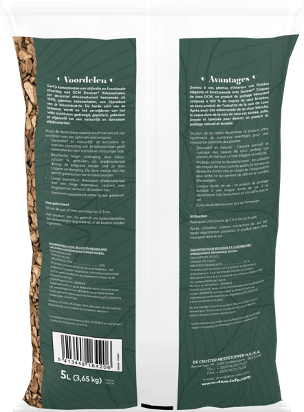 DCM Decover® Kokosschalen 5 L, achterzijde met de gebruiksaanwijzing