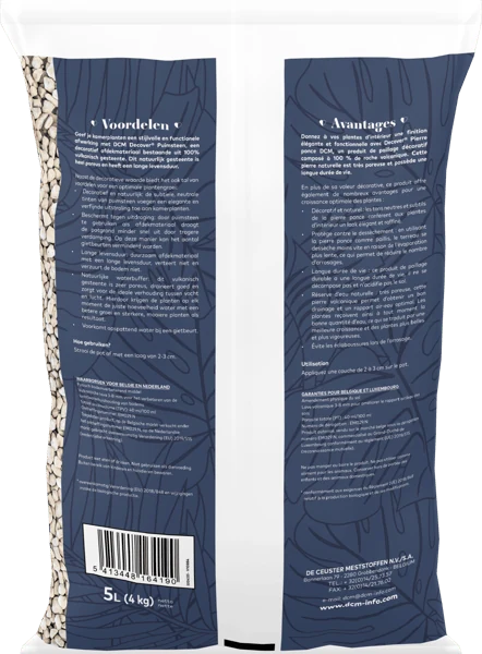 DCM Decover® Puimsteen 5 L, achterzijde met de gebruiksaanwijzing